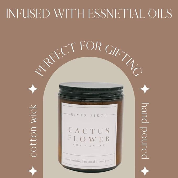 River Birch Candles Cactus Flower Scented Candle | Premium, All-Natural, Non-Toxic, Soy Amber Jar Candles | 8.5oz 40 Hr Burn Time | Cozy Relaxing Gifts for Home - Bloomnest