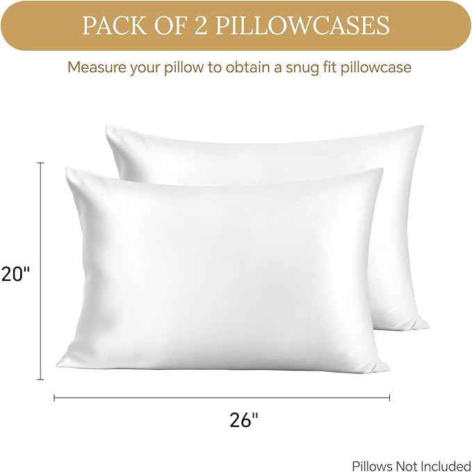 INFIIXSO Silk Pillow Cases 2 Pack Standard Size, Ultra Smooth & Soft Mulberry Silk Pillow Case for Hair and Skin, Breathable Cooling Silk Pillowcase with Hidden Zipper (White, 20x26 Inches) - Bloomnest