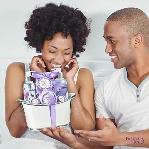 Aromatherapy Essentials Valentines Spa Set for Women in Large Silver Tub Bath Set Includes 2 Bath Bombs, Body Lotion, Bath Salts, Shower Gel, and Bubble Bath (Lavender) - Bloomnest