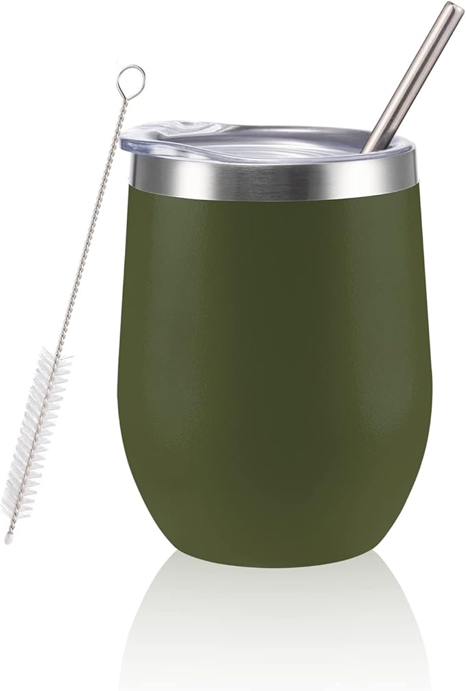 12 oz Insulated Wine Tumbler with Lid and Straw,Stainless Steel Stemless Wine Tumbler Glasses Double Wall Vacuum Wine Cups Tumbler for Coffee,Cocktail,Office（Navy Green,1） - Bloomnest