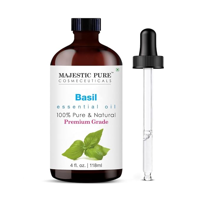 Majestic Pure Basil Essential Oil with Glass Dropper - Huge 4 Fl Oz - 100% Pure and Natural Basil Oil - Premium Grade Essential Oils for Diffuser, Aromatherapy, Soap and Candle Making - Bloomnest