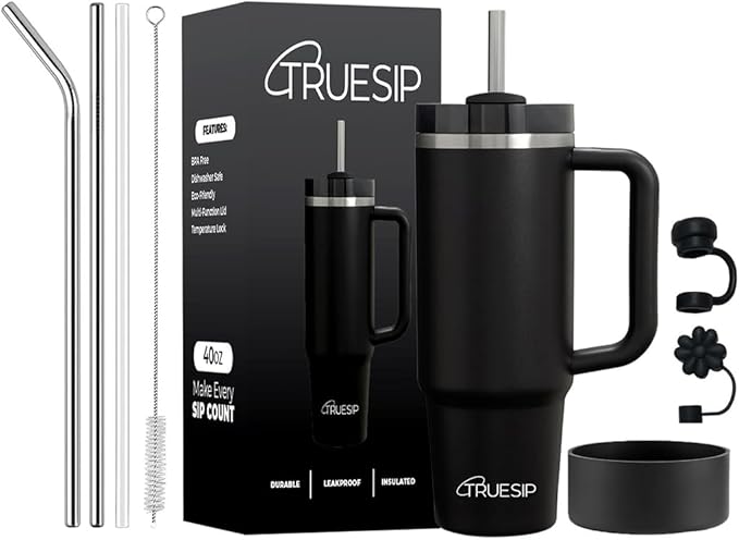 Ultimate 40oz All in One Tumbler - Leak-Proof Stainless-Steel Tumbler - Includes Silicone Boot, 3 Straws, 2 Straw Caps, & Cleaning Brush (Black) - Bloomnest