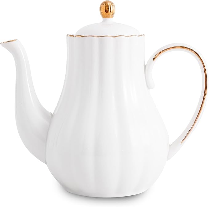Tea Pot, Porcelain Teapot 37oz，tea pots for tea party，Tea Infuser Pots for Blooming loose Leaf Tea(White)