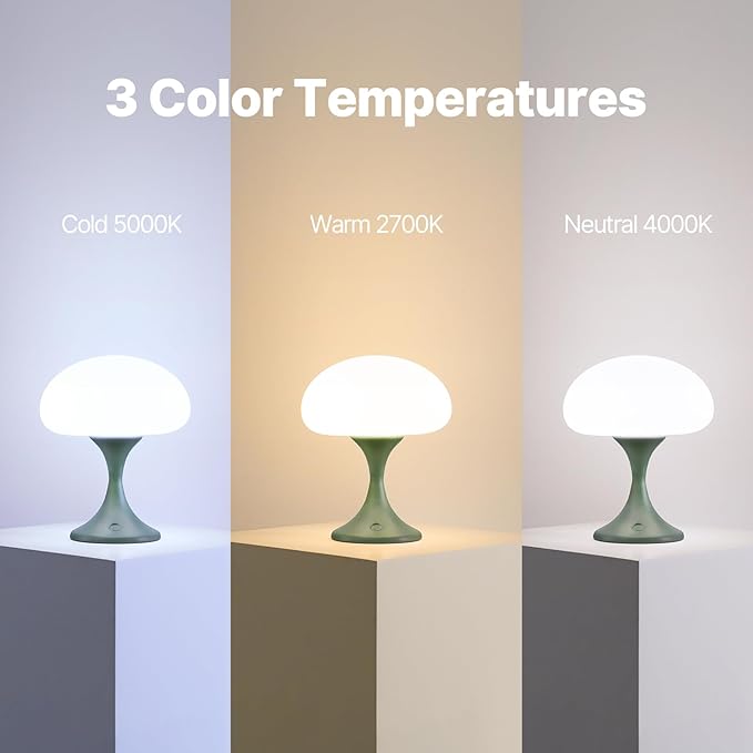 Mushroom Lamp, 5W LED Cordless Rechargeable Table Lamp with Glass Shade, Small Retro Dimmable Touch Light with 3 Color Temps, Aesthetic Mid Century Bedside Light for Bedroom Ambient, Green - Bloomnest