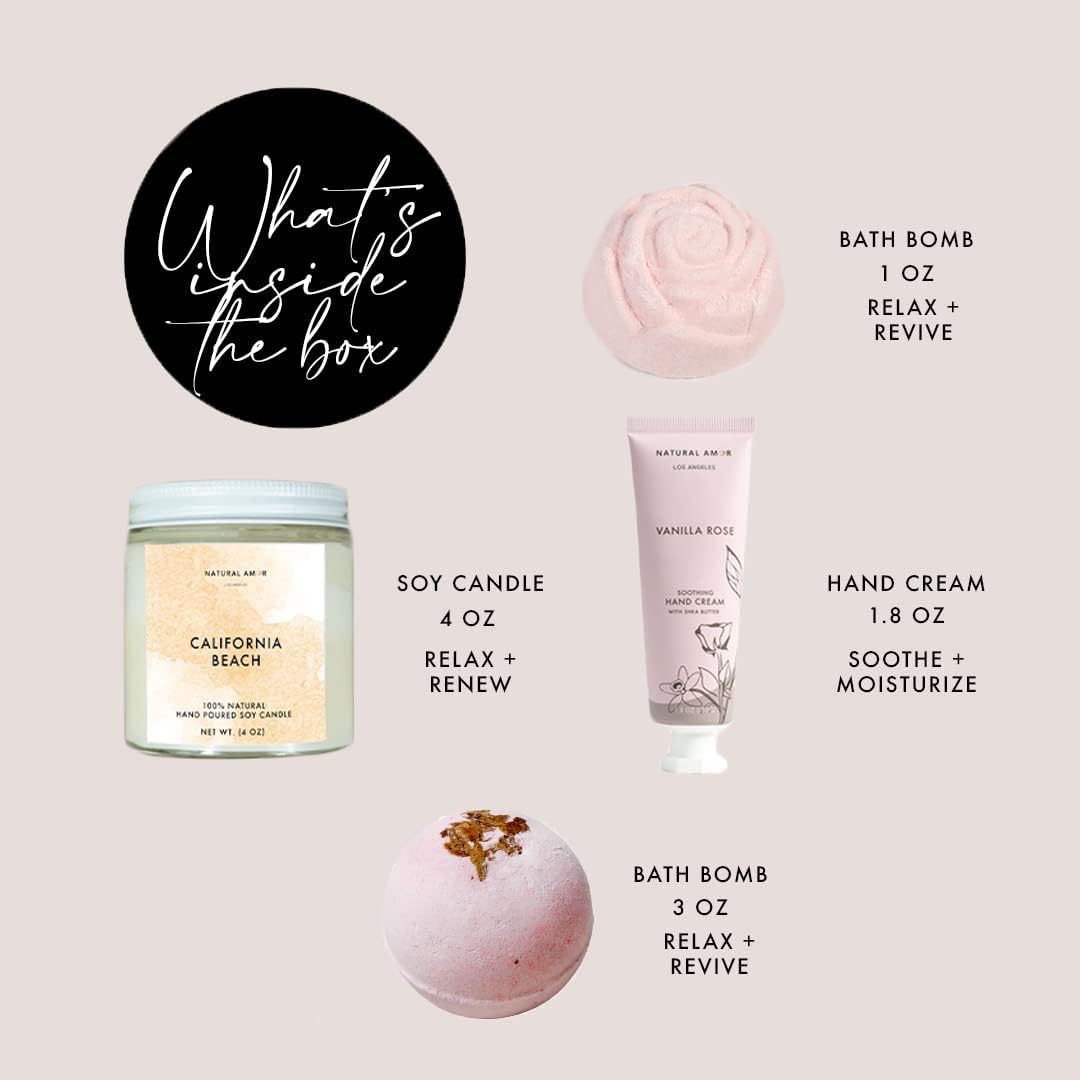 Natural Amor Relaxation Spa Gift Set for Women, 5 Piece Bath & Body Box with Candle, Hand Cream, Bath Bombs & Headband, Self Care Gift for Her