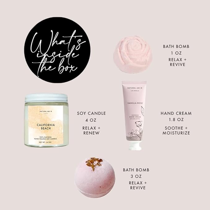 Natural Amor Relaxation Spa Gift Set for Women, 5 Piece Bath & Body Box with Candle, Hand Cream, Bath Bombs & Headband, Self Care Gift for Her - Bloomnest
