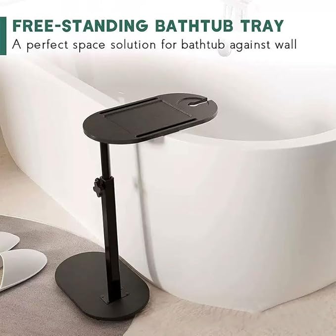 Bamboo Bathtub Tray Table with Adjustable Height,Freestanding Bath Caddy Side Table， Tub Shelf with Wine Glass Phone Holder, Suitable for Luxury Spa ，House Warming Gift and Bathing Reading（Black） - Bloomnest
