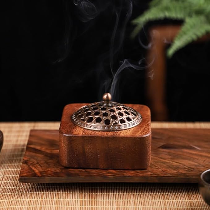 Square Incense Burner Holder - 4" Handcrafted Walnut Wood Censer with Metal Alloy Lid | Natural Incense Stick/Bowl Tray for Yoga & Meditation | Luxury Home Decor Gift for Zen Lovers