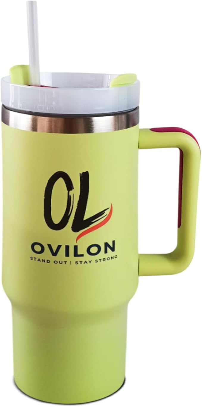 Ovilon Premium Travel Tumbler with Handle – Insulated Hot & Cold Drink Cup, Easy Grip, Leak-Proof Lid, Stainless Steel Mug (Light Green, 40oz) - Bloomnest