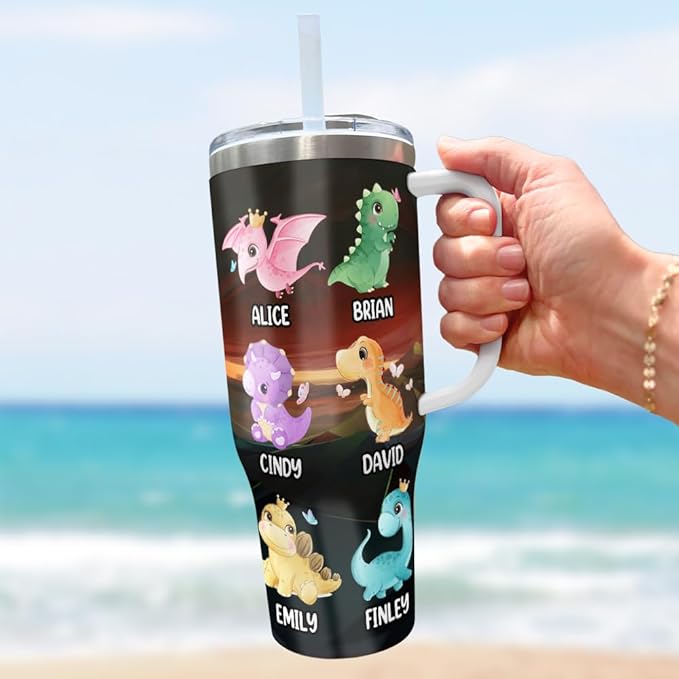 Personalized Dinosaur Dad Tumbler with Handle and Straw, Custom Cute Dino Kids’ Names and Claw Mark Design, Funny Father’s Day Gift for Cool Daddy or Papa - Bloomnest