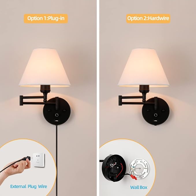 Swing Arm Wall Sconces, Plug-in Wall lamp,Bedroom Wall lamp ， White Fabric Shade，，with dimmable Switch and USB Charging Port, Suitable for Bedside, Living Room, Reading (Black) - Bloomnest