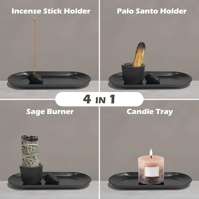 Incense Holder for Sticks, Handmade Sage and Palo Santo Holder, Sage Smudge Burner, Palo Santo Sticks Holder, Ash Catcher Tray, Yoga Meditation (Black) - Bloomnest