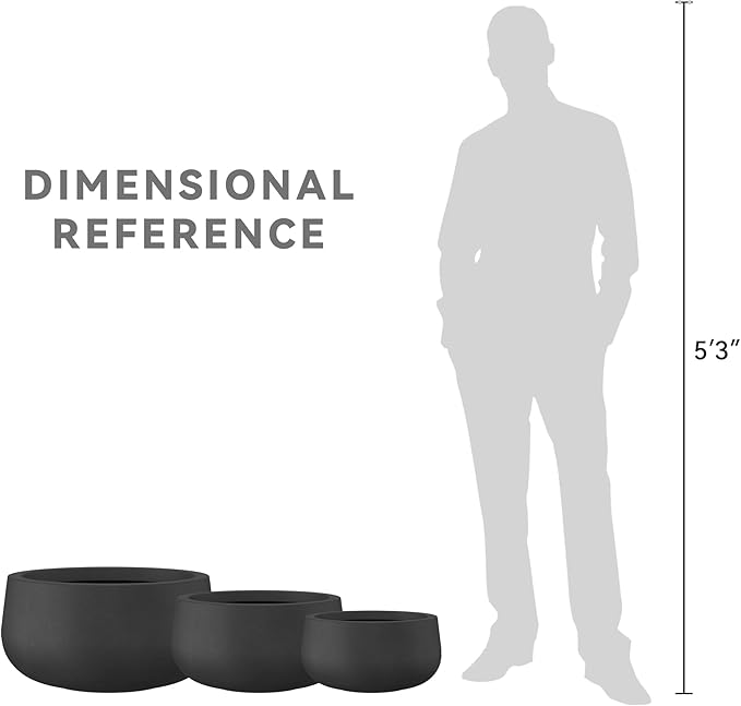 Kante 19.6",15.7",11.8" Dia Round Concrete Planters Set of 3, Outdoor Indoor Garden Plant Pots with Drainage Hole and Rubber Plug, Modern Curvaceous Design, Black - Bloomnest