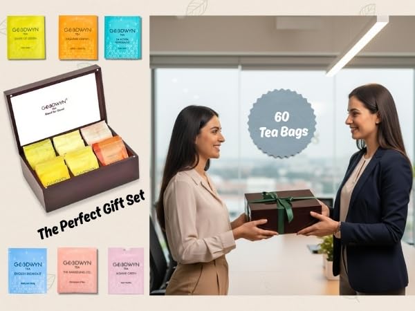 Goodwyn Assorted Tea Sampler Box – 60 Individually Wrapped Tea Bags | Premium Herbal, Black & Green Tea Collection in Reusable Wooden Chest | 6 Flavors x 10 Each: Darjeeling, English Breakfast, Green, Jasmine, Kahwa, Peppermint | Ideal Gift Set - Bloomnest