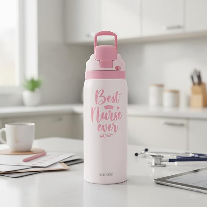 Nurse Insulated Stainless Steel Water Bottle with Straw for Sports and Travel, Best Nurse Ever, 32oz, Gifts for Women Graduation Nurse Week Appreciation Birthday Christmas - Bloomnest