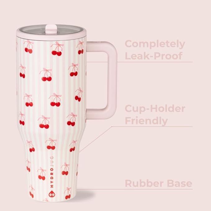 HydroJug Traveler - 40 oz Water Bottle with Handle & Flip Straw - Fits in Cup Holder, Leak Resistant Tumbler-Reusable Insulated Stainless Steel & Rubber Base - Gifts for Women & Men, Sweet Cherry - Bloomnest