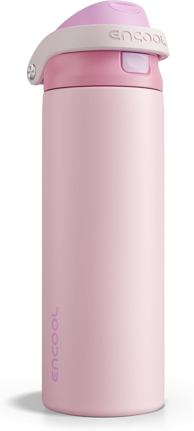 ENCOOL Leakproof Insulated Water Bottle with Straw Dual-Sip Water Bottle Bag-Safe Design for Work, Commute & Gym – Keeps Drinks Cold All Day, 24 oz, Macaron Pink ENCOOL