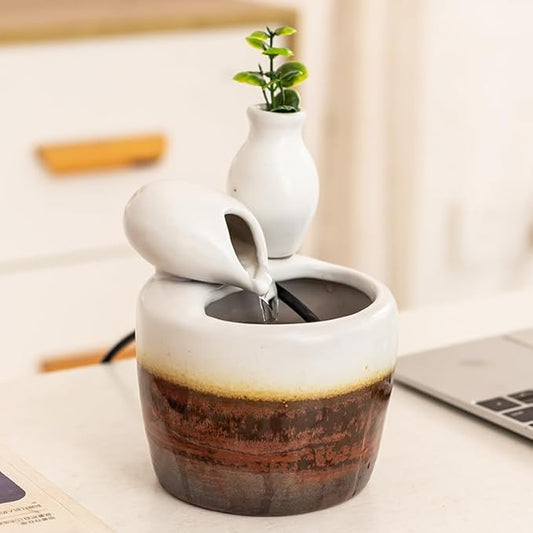 Fountain Ceramic mini Modern Design Water Feature Indoor Tabletop Desktop Home Decoration Office Kitchen Gift (White) - Bloomnest
