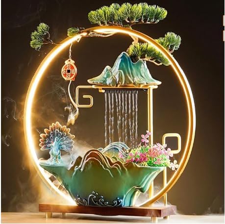 Tabletop Water Fountains, Indoor Water Fall with LED Light Zen Decor for Meditation with Mist, Japanese Decor with Fake Plants Feng Shui Decor for Good Luck Wealth - Bloomnest