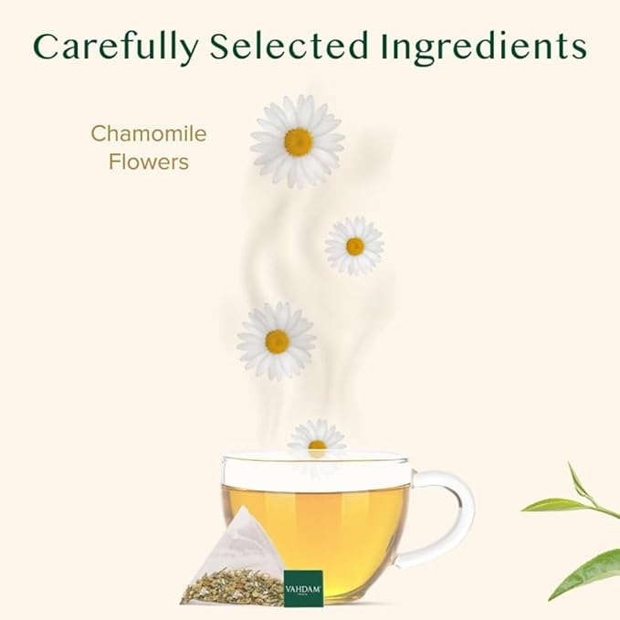 VAHDAM, Chamomile Herbal Tea (100 Pyramid Tea Bags) Resealable Ziplock Pouch | Caffeine Free, Non GMO, Gluten Free | 100% Pure Tisane - Sweet & Floral | Made With Natural Chamomile Flowers - Bloomnest
