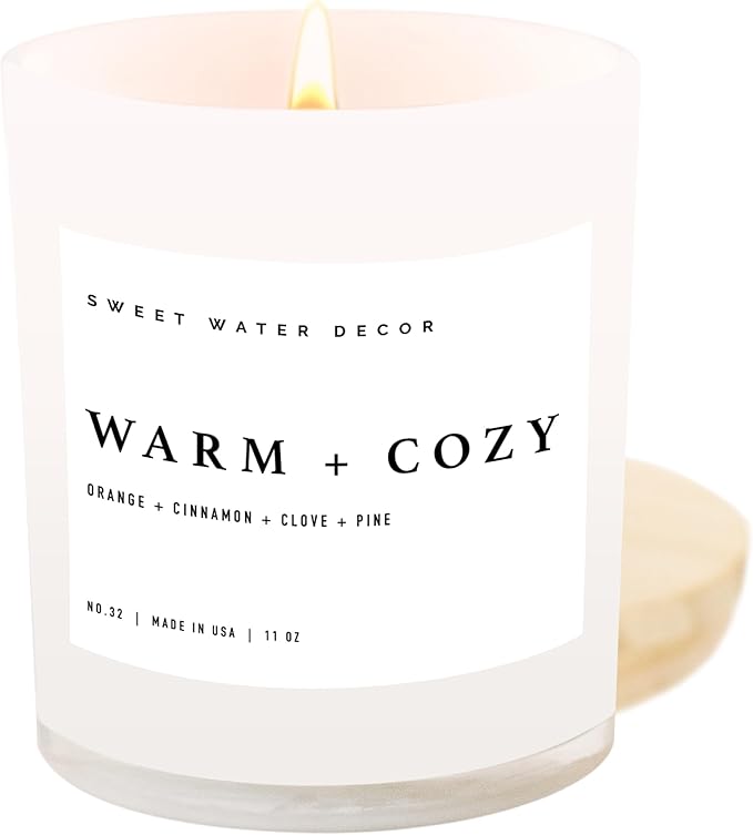 Sweet Water Decor Warm and Cozy Soy Candle - Pine, Orange, Cinnamon, and Fir Winter Scented Candle for Home - 11oz White Jar with Wood Lid, 50+ Hour Burn Time, Made in The USA - Bloomnest