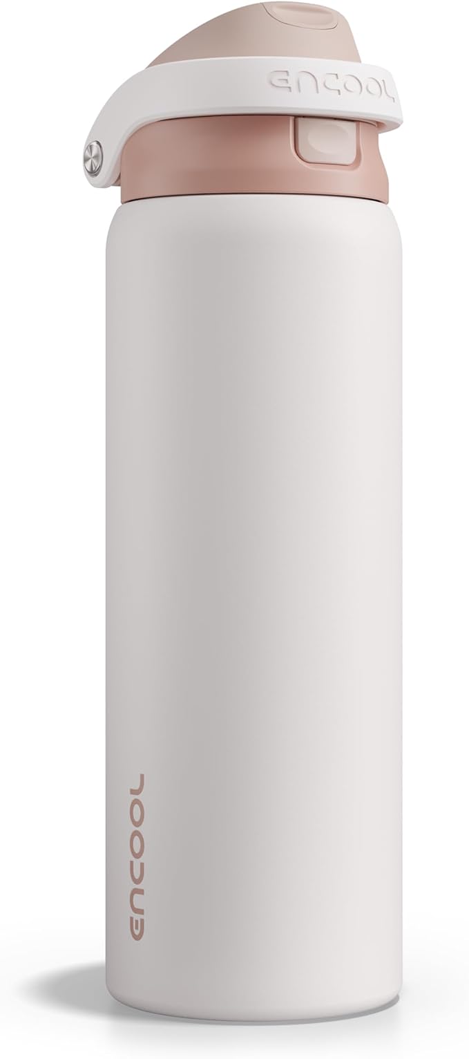 ENCOOL Leakproof Insulated Water Bottle with Straw Dual-Sip Water Bottle Bag-Safe Design for Work, Commute & Gym – Keeps Drinks Cold All Day, 32 oz, Coffee White ENCOOL