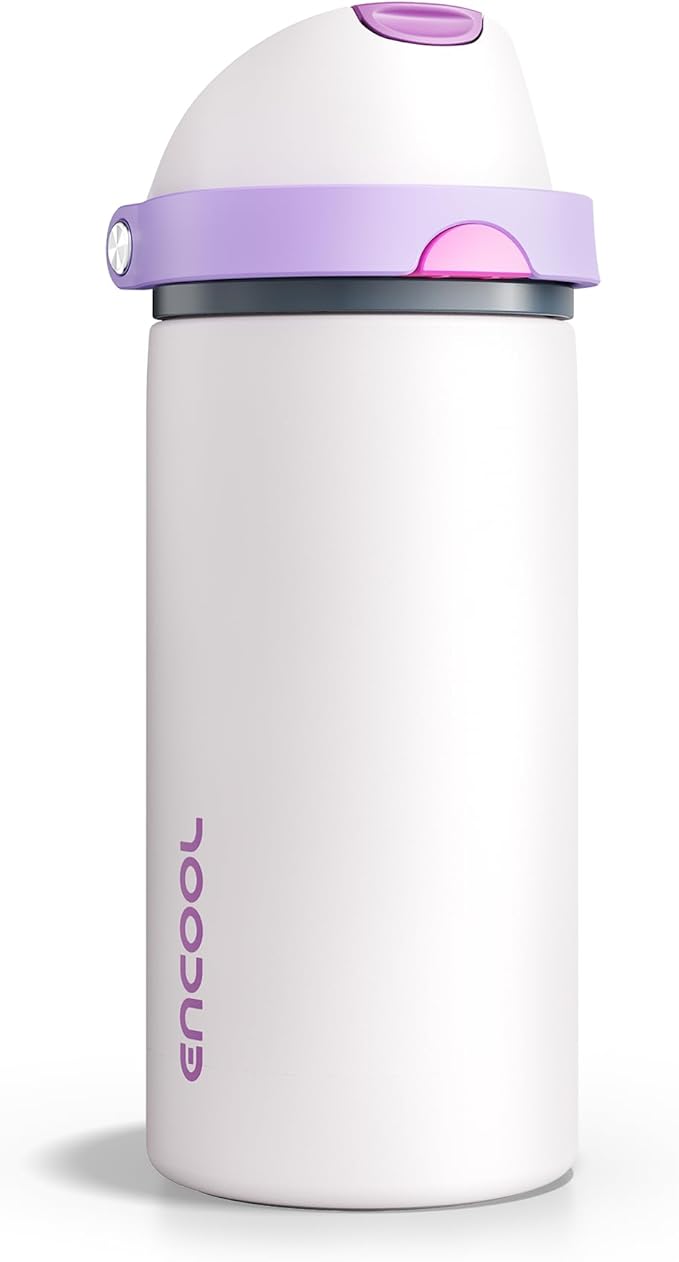 Insulated Water Bottle with Straw - Encool Stainless Steel Water Bottle with Push Button Lid, Leak-Proof & BPA-Free, Keeps Cold for 24 Hours for Sports, Travel, Gym (18 oz, Oyster Pink) ENCOOL