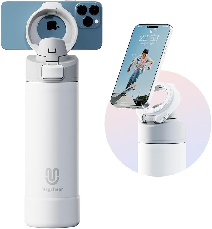 Insulated Magnetic Water Bottle - Reusable Stainless Steel Bottle with MagSafe Compatible Phone Holder - Keeps Cold for 24 Hours - Perfect for Gym, Sports, and Travel - White 24oz Magcheer