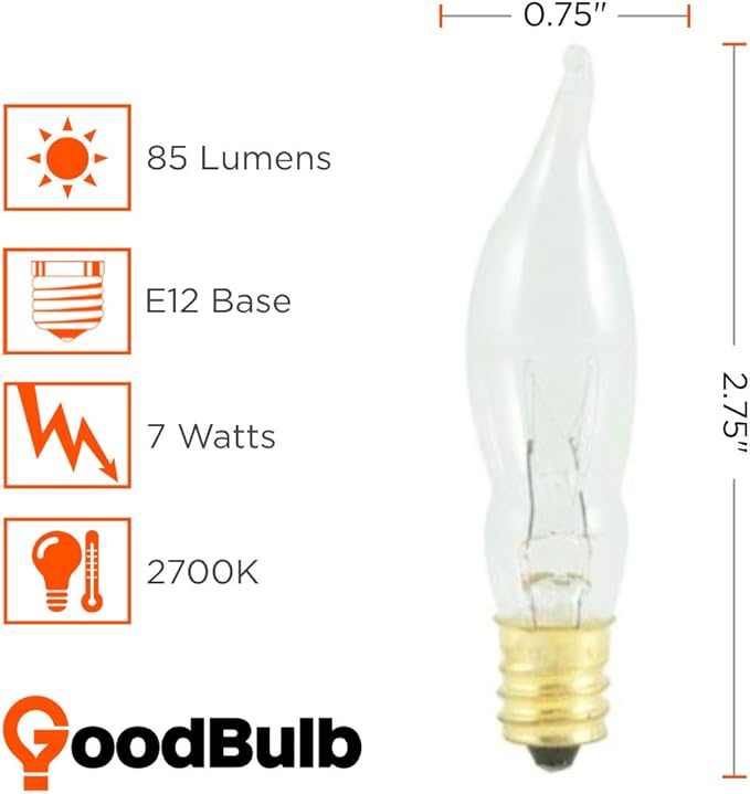 GoodBulb 7 Watt Flame Tip Candelabra Light Bulbs CA6 Clear Finish E12 Base 2700K Warm White CFC Dimmable 7W 85 Lumens Decorative Chandelier Bulbs Incandescent 12 Pack - Bloomnest