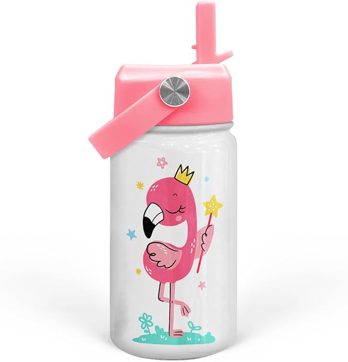 Flamingo Water Bottle - Kids Water Bottle with Straw Lid - 12 Oz Insulated Stainless Steel Water Bottles for Kid Girls - Travel Cup for School Sports - Bloomnest