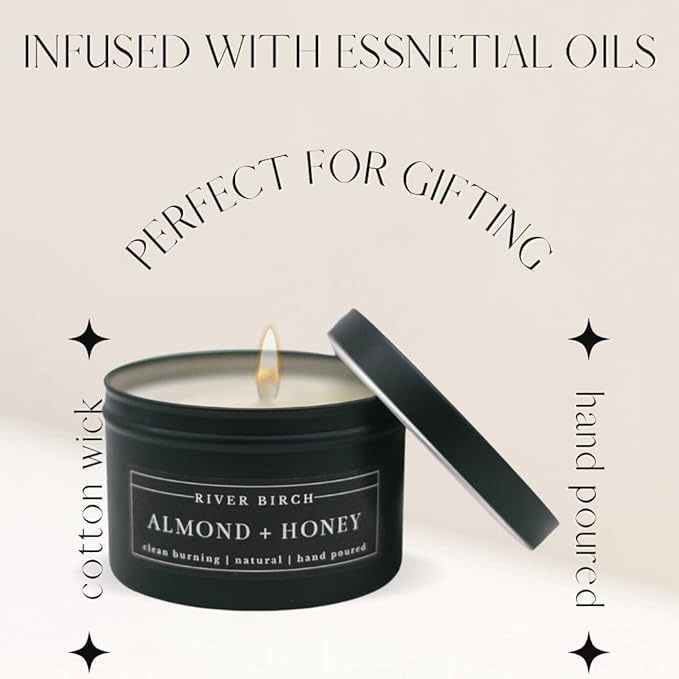 River Birch Candles Almond + Honey Scented Candle | Premium, All-Natural, Non-Toxic, Soy Candles | 8 oz. Black Matte Tin Travel Candle | Cozy Relaxing Gifts for Home - Bloomnest
