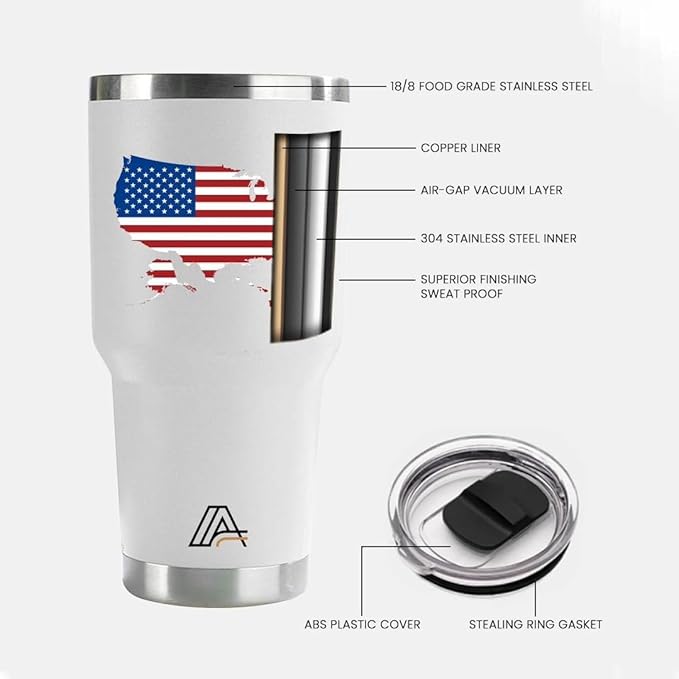 Tumbler 30oz Stainless Steel, Vacuum Insulated w/MagSlider Lid, USA Flag on White, Double Wall, Keeps Drinks Cold & Hot, Patriotic Gift - Bloomnest