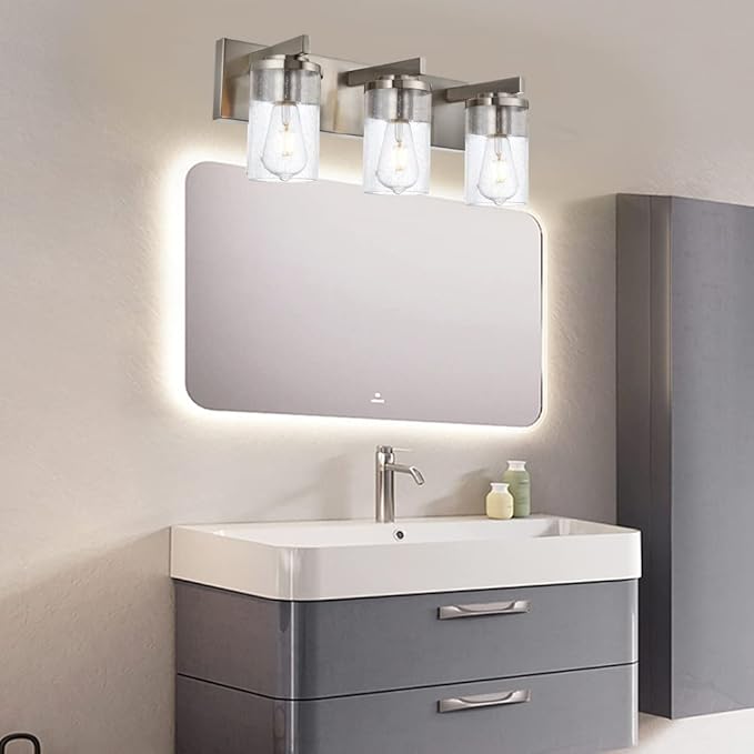 BONLICHT Brushed Nickel Vanity Light 3 Lights Modern Bathroom Light Fixtures Over Mirror with Seeded Glass, Industrial Metal Indoor sconces Wall Lighting for Powder Room Hallway Kitchen Sink Cabinet - Bloomnest