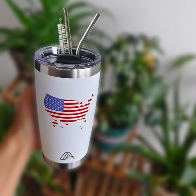 Tumbler 20oz Stainless Steel, Vacuum Insulated w/MagSlider Lid, USA Flag Theme on White, Double Wall, Keeps Drinks Cold & Hot, Patriotic Gift - Bloomnest