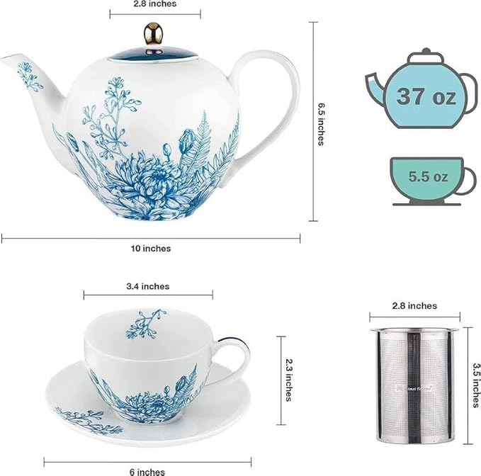 Tea Sets for Women Gift, Blue Porcelain Tea Set, 37 oz Large Teapot Set with Infuser,Tea Cups and Saucers for 4 in European Style, Tea Gift Sets for Holidays - Bloomnest