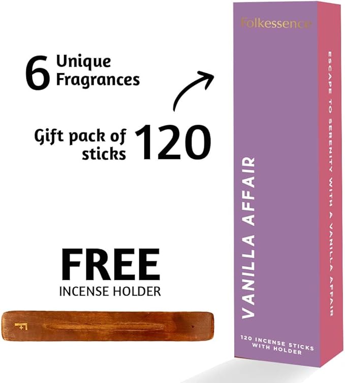 Folkulture Incense Sticks with Holder for Gift | Set of 6 (120) Organic, Non Toxic | Vanilla Incense-Set | Set of 6 (120 Sticks) Palo Santo Insence-Sticks | Sandalwood Incenses, Lemongrass, Rose FOLKULTURE