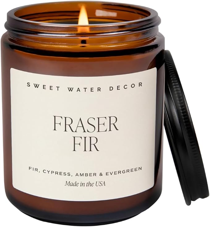 Sweet Water Decor Fraser Fir Christmas Candles - Christmas Stocking Stuffers Cypress, Evergreen & Pine Scented Candles - Scented Candles with 40 Hrs Burn Time - 9Oz Black Lid Amber Jar Wax Candles - Bloomnest