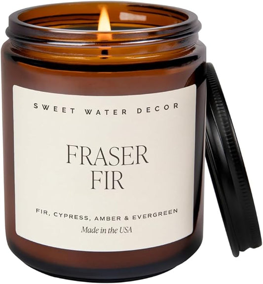 Sweet Water Decor Fraser Fir Christmas Candles - Christmas Stocking Stuffers Cypress, Evergreen & Pine Scented Candles - Scented Candles with 40 Hrs Burn Time - 9Oz Black Lid Amber Jar Wax Candles - Bloomnest