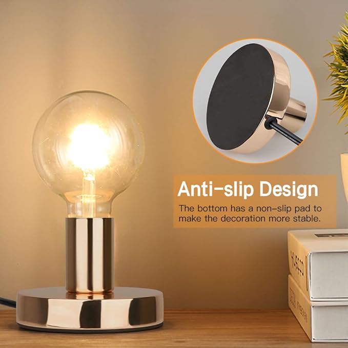 Helunsi Industrial Table Lamp, Gold E26 E27 Base Without Shade, Mini Short Desk Lamp Exposed Bulb, Simple Metal Edison Light Bulb Stand, 5.8ft Cord Switch Plug Holder - Bloomnest