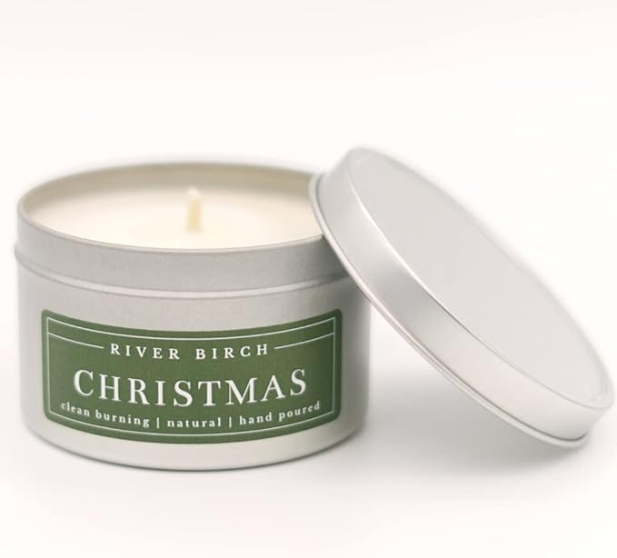 River Birch Candles Christmas Scented Candle | Premium, All-Natural, Non-Toxic, Soy Candles | 8 oz. Silver Tin Travel Candle | Cozy Relaxing Gifts for Home, White - Bloomnest