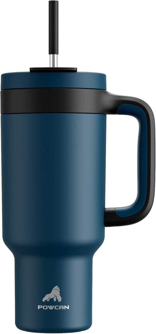 POWCAN 40 oz Tumbler with Handle, 2-in-1 Straw and Sip Lid, Leakproof, Dishwasher Safe, Insulated Stainless Steel Travel Coffee Mug, Keeps Cold for 34 Hours, Fits in Car Cup Holder (Deepsea) - Bloomnest