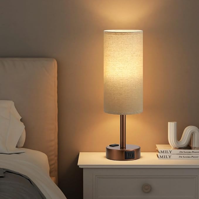 Fenmzee Brown Bedside Table Lamp for Bedroom - 3 Way Dimmable Touch Lamp USB C Charging Ports and AC Outlet, Small Lamp Round Flaxen Fabric Shade for Living Room, Desk, LED Bulb Included - Bloomnest