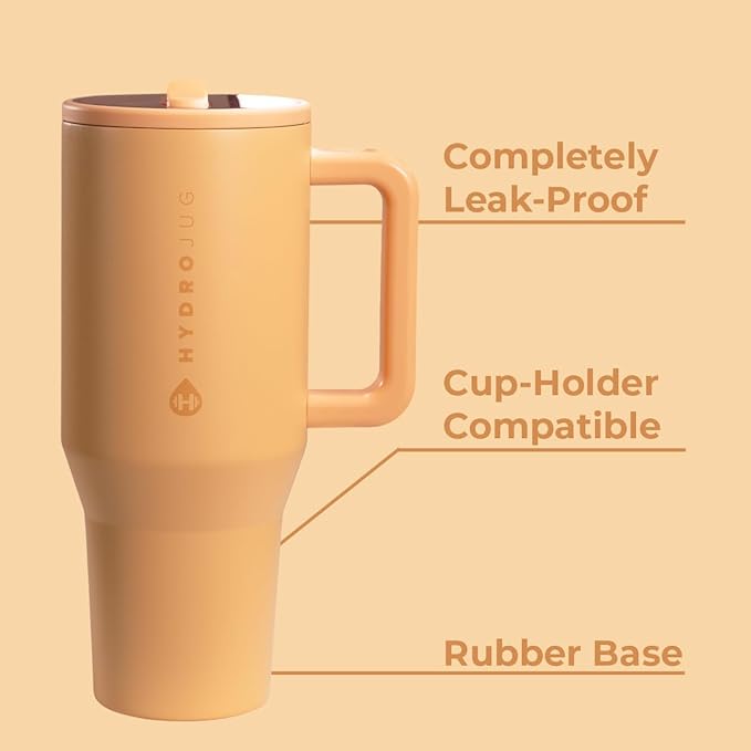 HydroJug Traveler - 32 oz Water Bottle with Handle & Flip Straw - Fits in Cup Holder, Leak Resistant Tumbler-Reusable Insulated Stainless Steel & Rubber Base - Gifts for Women & Men, Marigold Hydrojug