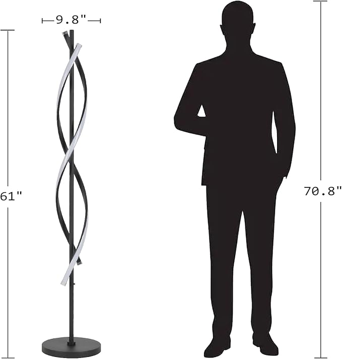 61" LED Floor Lamp for Living Room, 40W 3 Colors Stepless Dimmable and Color-Changing Bright Floor Standing Lamp,Unique Spiral Floor Tall Lamp for Bedroom Office with Remote (Black) - Bloomnest