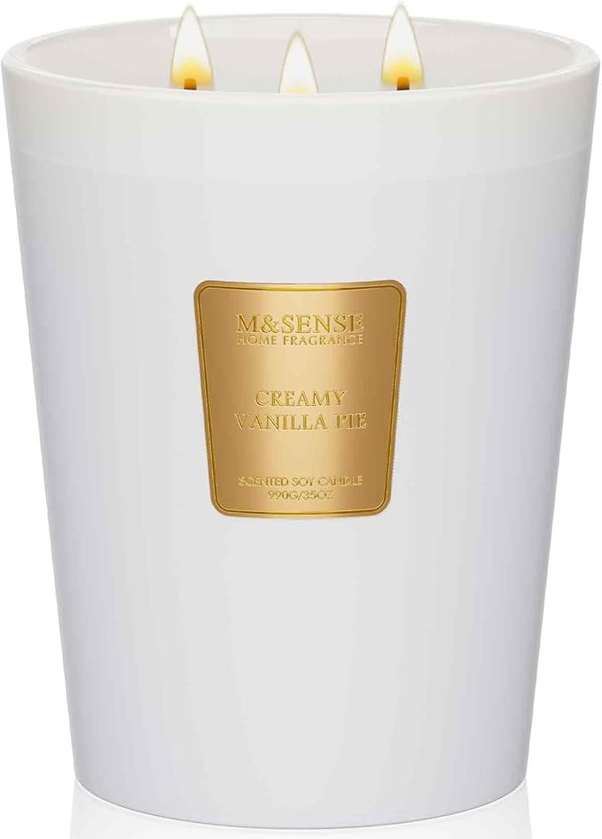 M&SENSE Extra Large Candle Creamy Vanilla Scented, 3-Wick 35oz 150H Long Lasting, Natural Soy Wax Aromatherapy Candle for Stress Relief, Home Fragrance Fall Winter Christmas Thanksgiving Gifts - Bloomnest