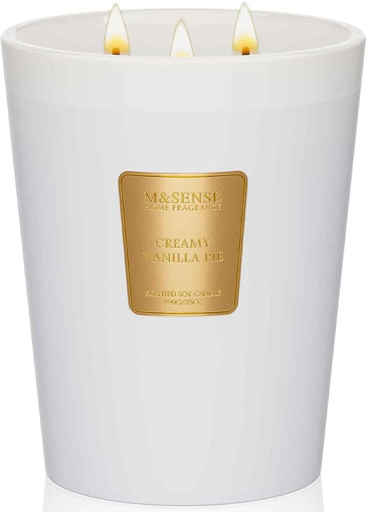 M&SENSE Extra Large Candle Creamy Vanilla Scented, 3-Wick 35oz 150H Long Lasting, Natural Soy Wax Aromatherapy Candle for Stress Relief, Home Fragrance Fall Winter Christmas Thanksgiving Gifts - Bloomnest