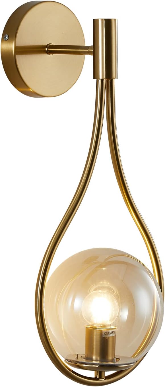 KCO Lighting Glass Globe Wall Mounted Sconce Gold Teardrop Wall Sconce Vintage Cordless Sconces Wall Lighting for Stairwell Bathroom Bedroom (Gold + Amber) - Bloomnest