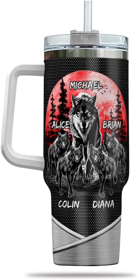 Personalized Dad Wolf Pack Tumbler 40oz with Handle and Straw, Custom Name Stainless Steel Cup with Wolves and Kids' Names, Unique Gift for Father’s Day, Birthday or Christmas - Bloomnest