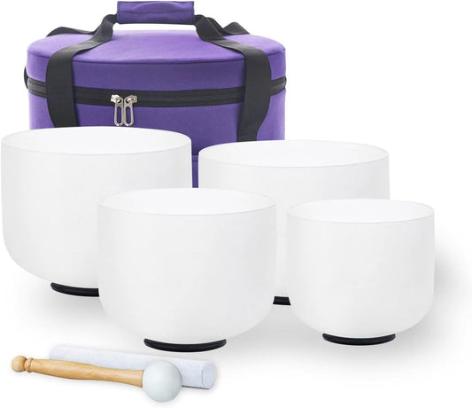 Hye-eun 432hz Crystal Singing Bowl Set 4pcs 6"B 8"G 10"E 12"C Frosted Quartz Sound Bowl with Free Carry Bag Mallets and Rubber for Sound Healing Bath Keep Balance Therapy Meditation Yoga