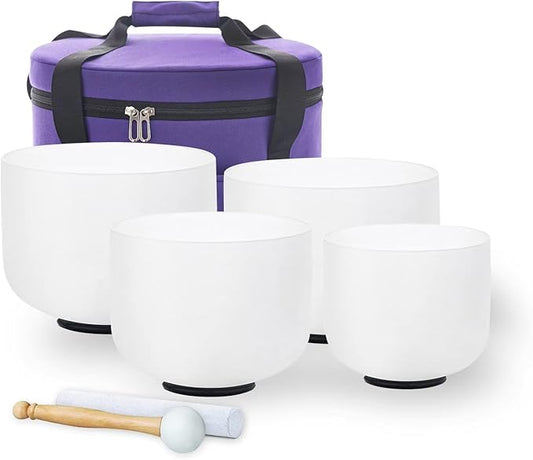 Hye-eun 432hz Crystal Singing Bowl Set 4pcs 6"B 8"G 10"E 12"C Frosted Quartz Sound Bowl with Free Carry Bag Mallets and Rubber for Sound Healing Bath Keep Balance Therapy Meditation Yoga - Bloomnest